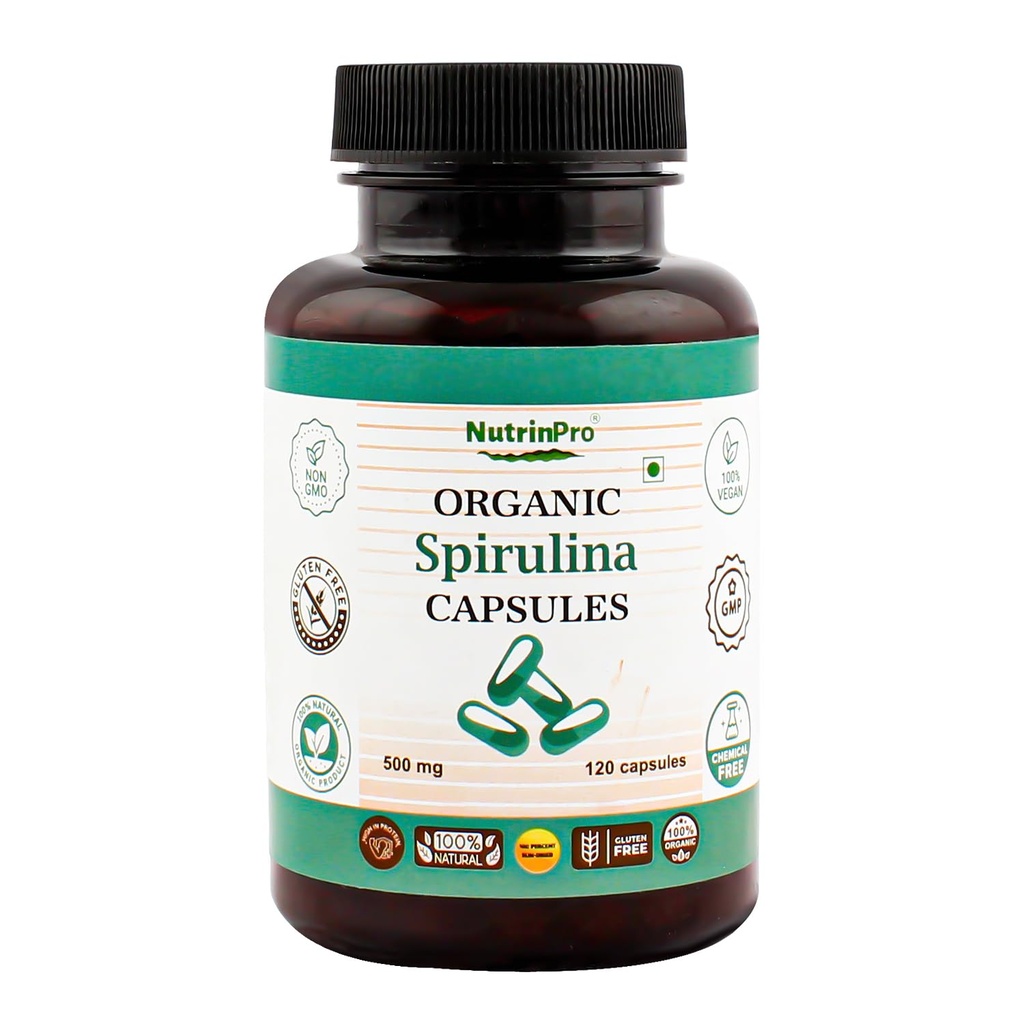 USDA Organic Spirulina Capsules - 100% Puro Vegan Suplemento, No GMO, Libre de gluten, Libre de Productos Químicos, (120)
