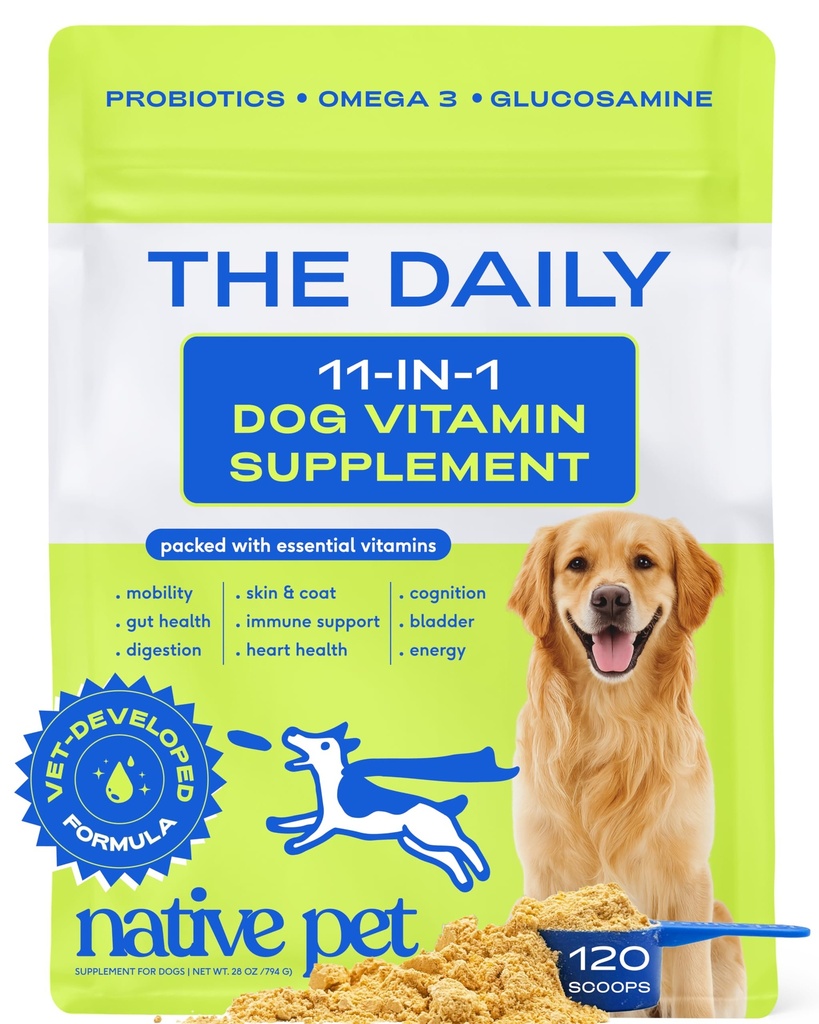 Native Pet The Daily Dog Vitamins & Supplements - 11-in-1 Multivitamin Powder for Dogs - Supports Whole Body Health, Digestion, Mobility & Immunity with Collagen, Glucosamine & Probiotics –120 Scoops