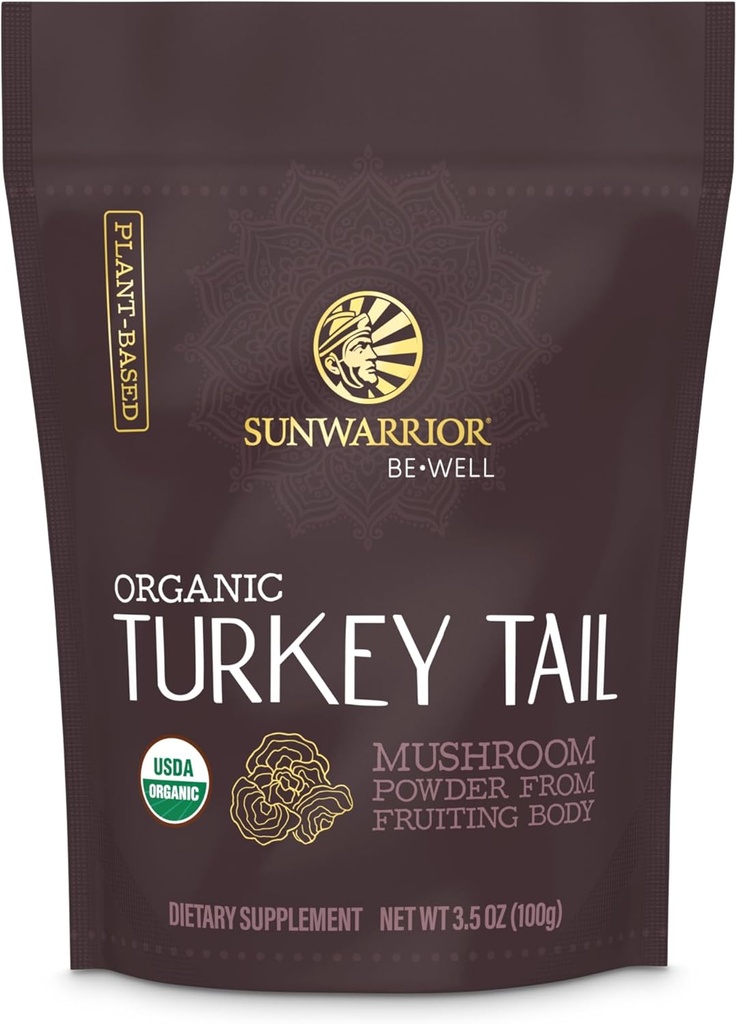 Sunwarrior Organic Turkey Tail Mushroom Powder | Turkey Mushroom Immune Support | Microbiome Gut Health Support | 50 Servings 100g Pouch | Be Well