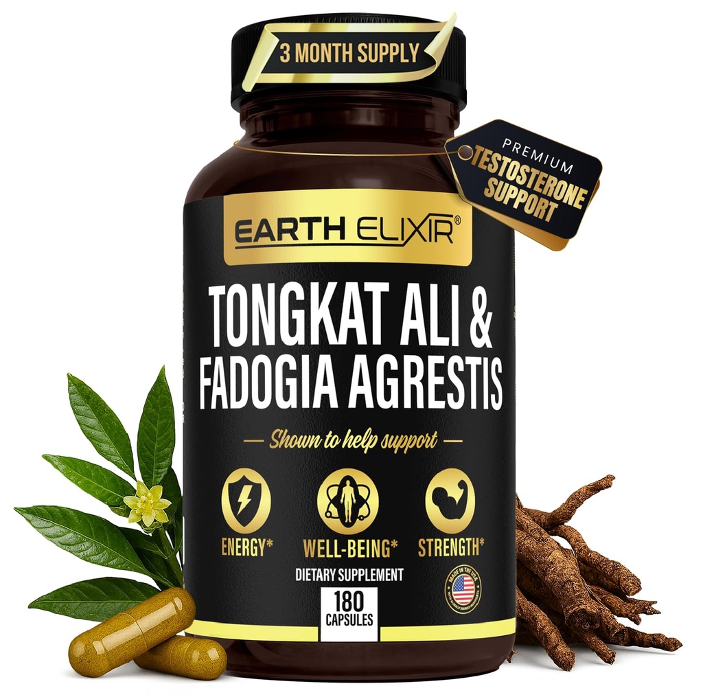 Earth Elixir Fadogia Agrestis & Tongkat Ali for Men & Woman – Natural Testosterone Supplement for Men - Made in USA & 3rd Party Tested – Strength, Energy & Vitality - Longjack – 3 Month Supply