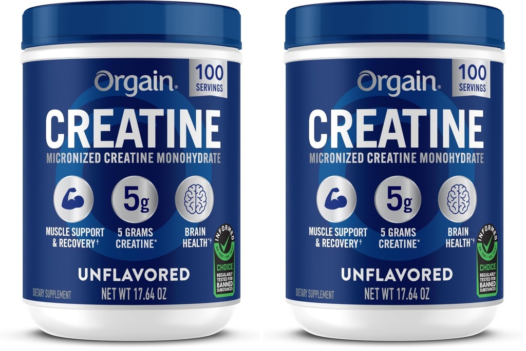 Orgain Creatine Monohydrate Micronized Powder,100 Servings,Unflavored,Supports Muscle Growth,Post Workout Recovery and Brain Health,No Artificial Additives, for Men &amp; Women,Vegan,(Pack of 2)