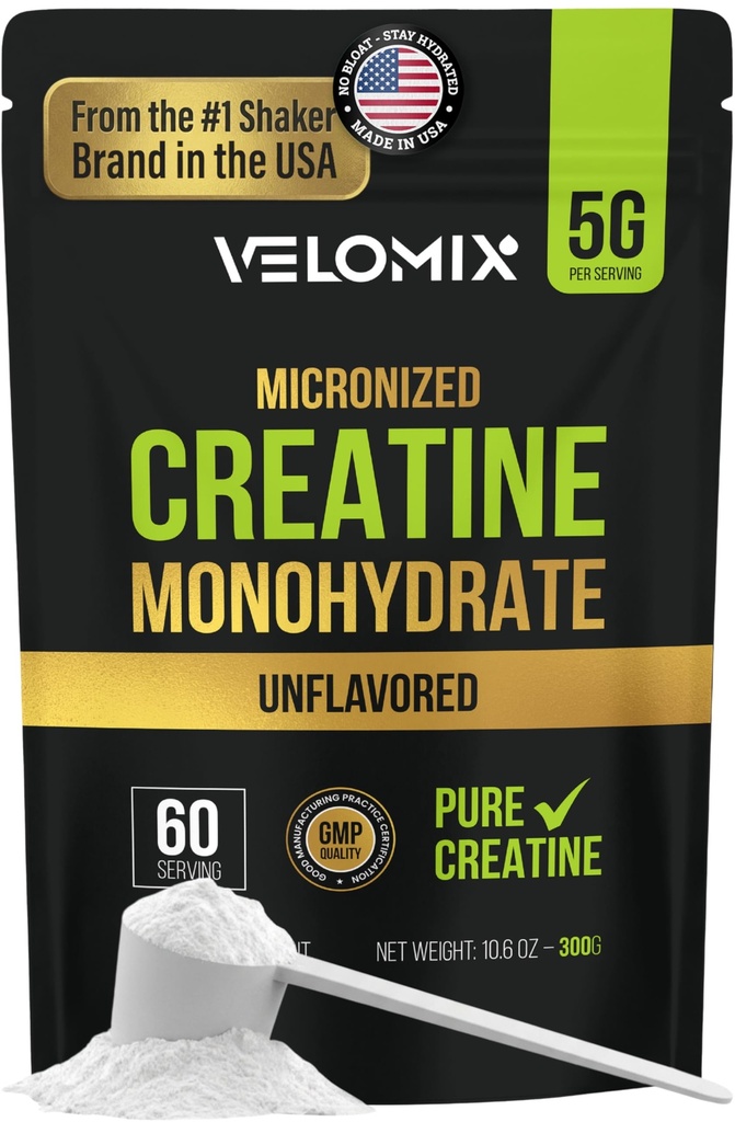 VELOMIX Micronized Creatine Monohydrate Powder - 100% Pure Creatine Powder Unflavored and Easy to Mix | Supports Muscle Growth, Recovery, and Strength | 5000mg Per Serv (5g) - 60 Servings