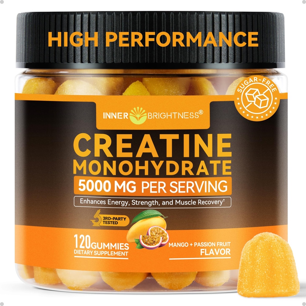 Inner Brightness Creatine Monohydrate Gummies for Men & Women 5000 mg, 3rd Party Tested, Creatine Chews for Muscle Growth, Strength & Energy Support, Sugar Free, Vegan, 120 Count