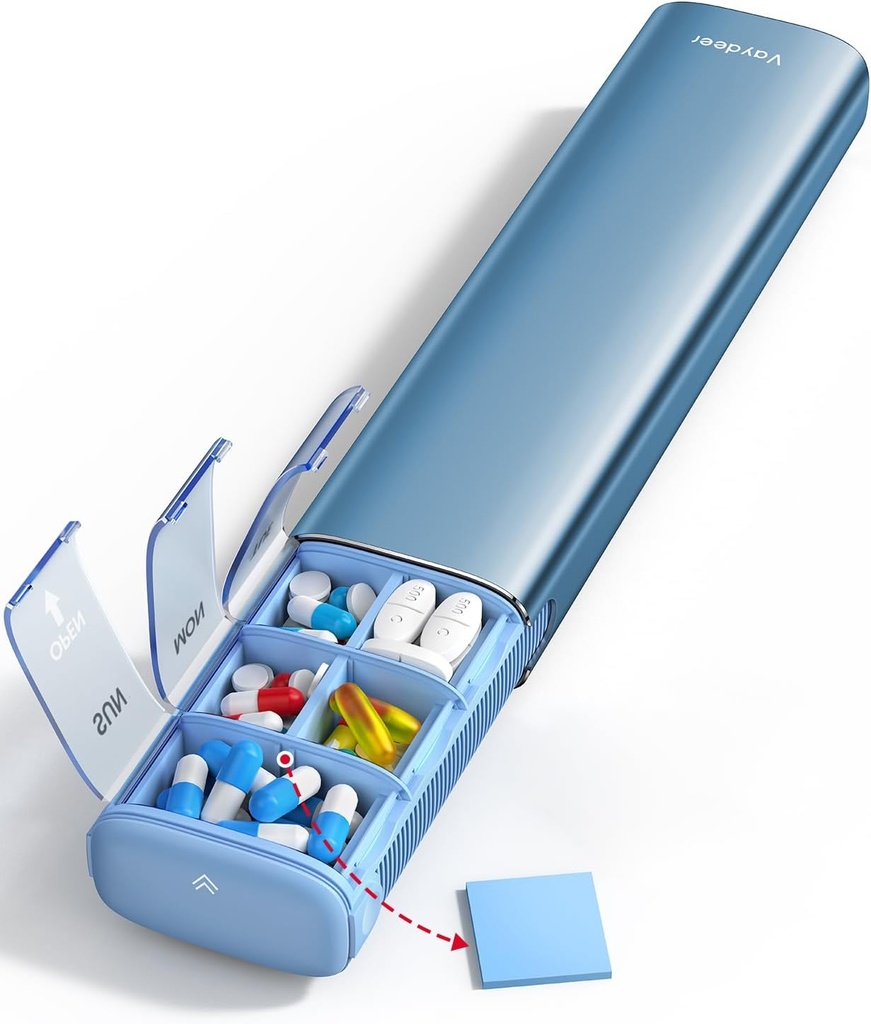 Vaydeer 7 días organizador semanal de píldoras (Apoyo 2 veces al día), caja de la pila de metales, gran capacidad Caja de la pila diaria para suplementos, píldoras, vitaminas y medicamentos (en azul)