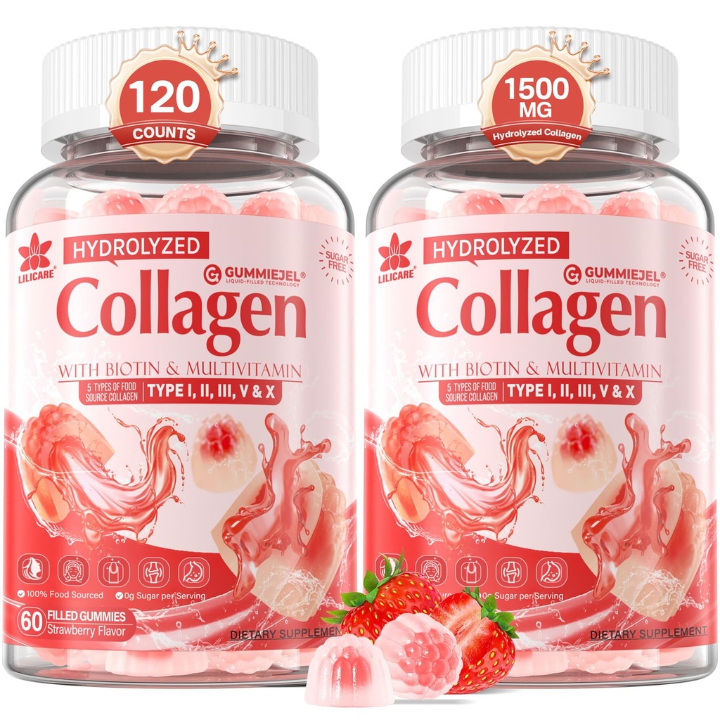2Pack Sugar-Free Hydrolyzed Collagen Peptide Filled Gummies for Women & Men, with 1500mg Protein Type I,II,III,V,X, 5000mcg Biotin Vitamin C A E D3 B6 B12 for Immune Digestion Skin Hair Nails, Bone