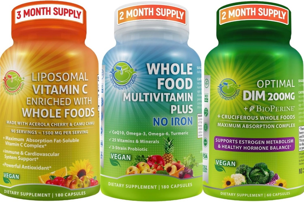SUPPLEMENTOS STUDIO Vegan Immune, Energy &amp; Hormone Support Bundle for Men and Women – Vegan Whole Food Multivitamin Sin Hierro + Liposomal Vitamin C 1500mg + Optimal DIM 200mg con BioPerine®