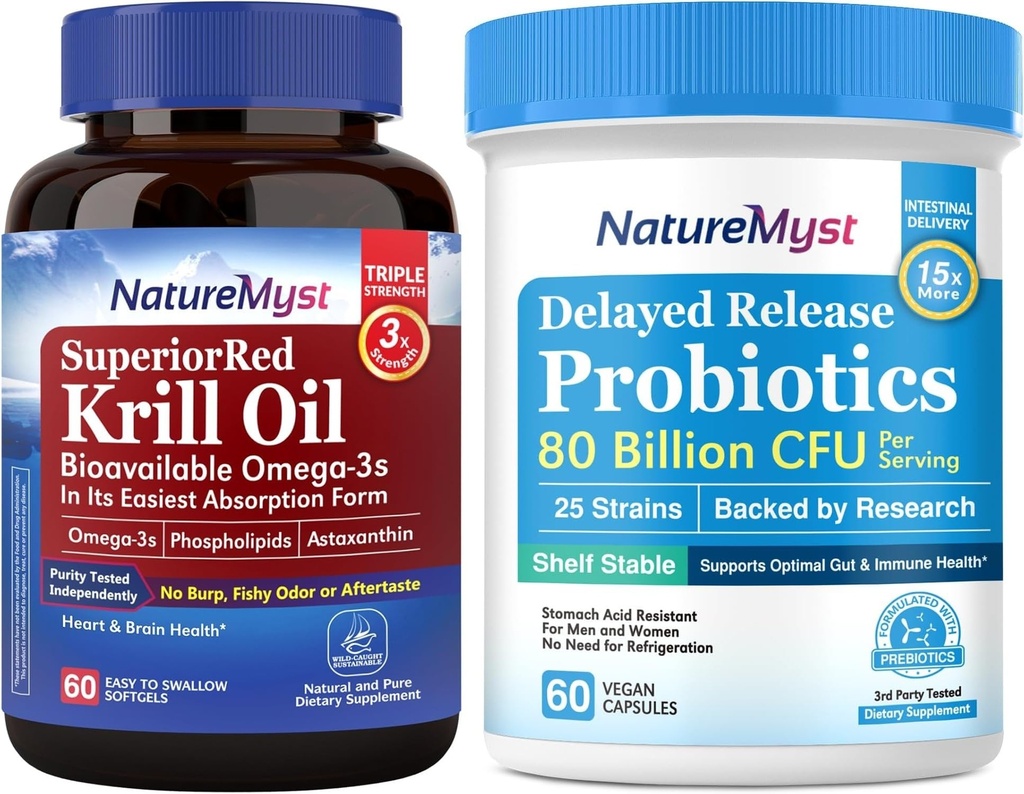 Krill Oil 1000mg and Probiotics Bundle, Omega 3s con DHA EPA & Astaxanthin, Plus 80 Billion CFU 25 Strains, Gut, Heart & Immune Function, Non-GMO, Made in USA, 60 Softgels + 60 cápsulas