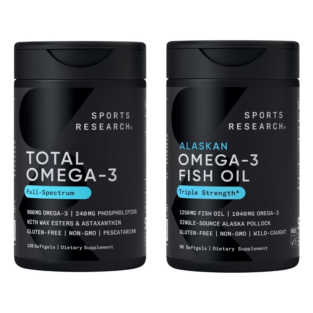 Sports Research® Omega-3 Fish Oil Bundle - Total Omega-3 2200mg (Krill, Salmon &amp; Pollock) + Triple Strength Fish Oil 1250mg - High EPA & DHA Supplement