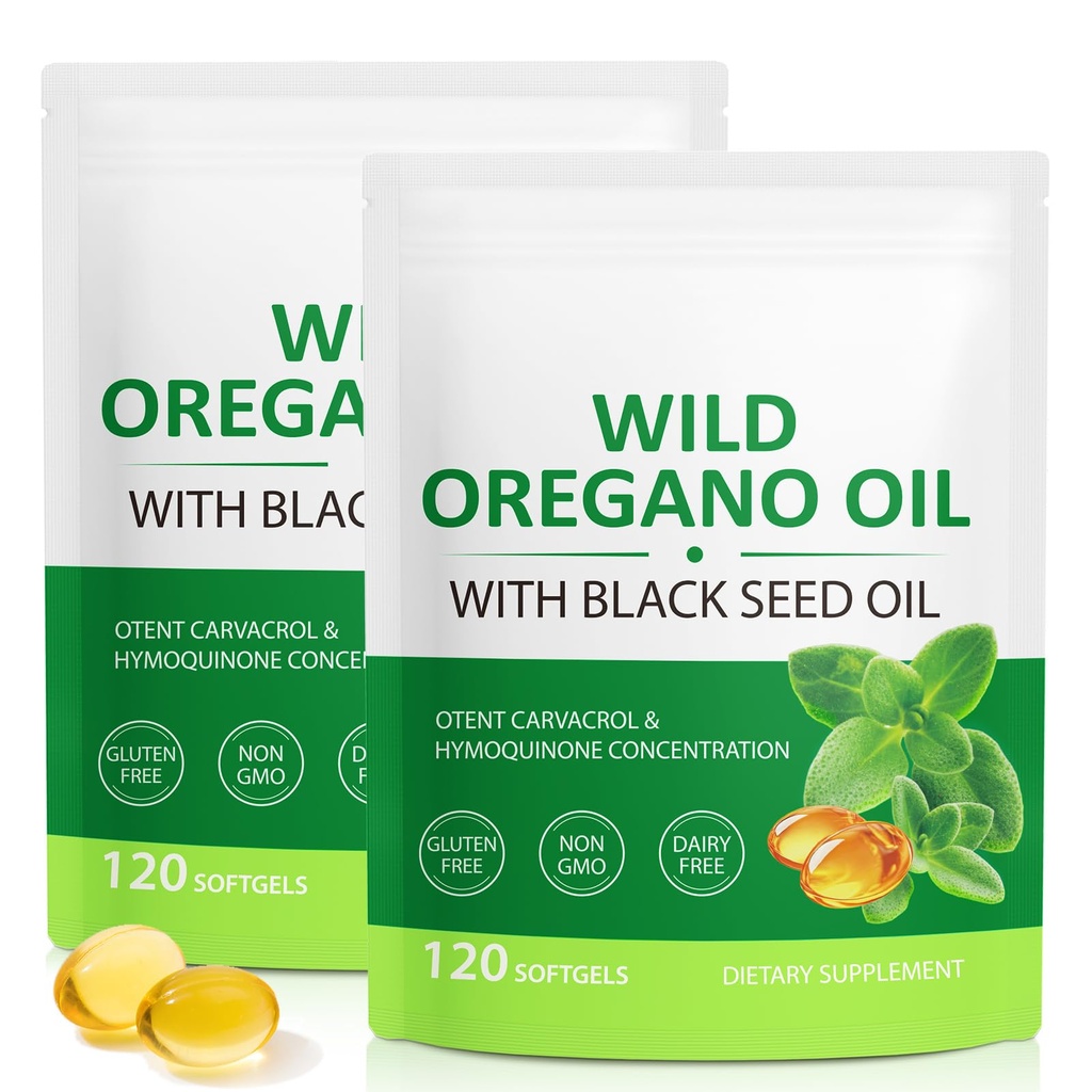 Aceite de Oregano Softgels 6000mg, 2 en 1 Formulado con Aceite de Semilla Negra 200mg, Immune Support, Oregano Oil Capsules Orgánico, Suplemento de Defensa Natural, No GMO, Fácil de Tragar, 240 Softgels
