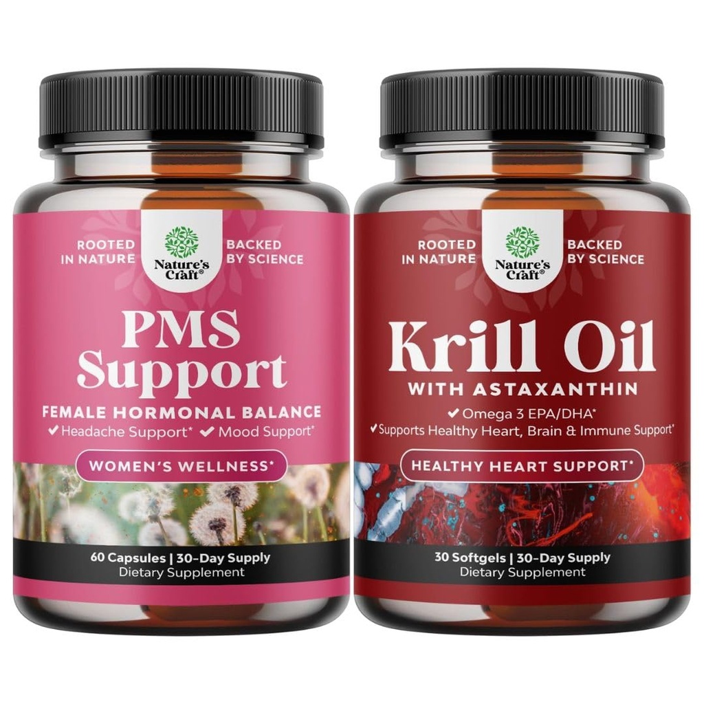 Bundle of Advanced PMS Support Supplement for Women for for Low Energy Mood Support Period Cramps and Bloating Relief for Women and Antarctic Krill Oil 500mg Softgels - High Absorption Krill Oil Omega
