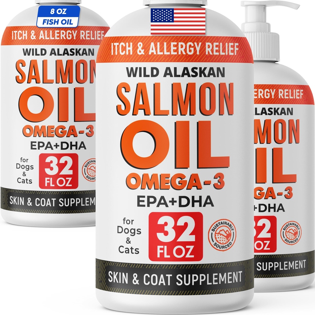 StrellaLab Salmon Oil 96 Oz Bundle – Wild Alaskan Omega 3 for Dogs & Cats – Skin, Coat, Itch & Shedding Relief – EPA & DHA Fish Oil Supplement – Hip, Joint, Heart & Immune Support – Made in USA