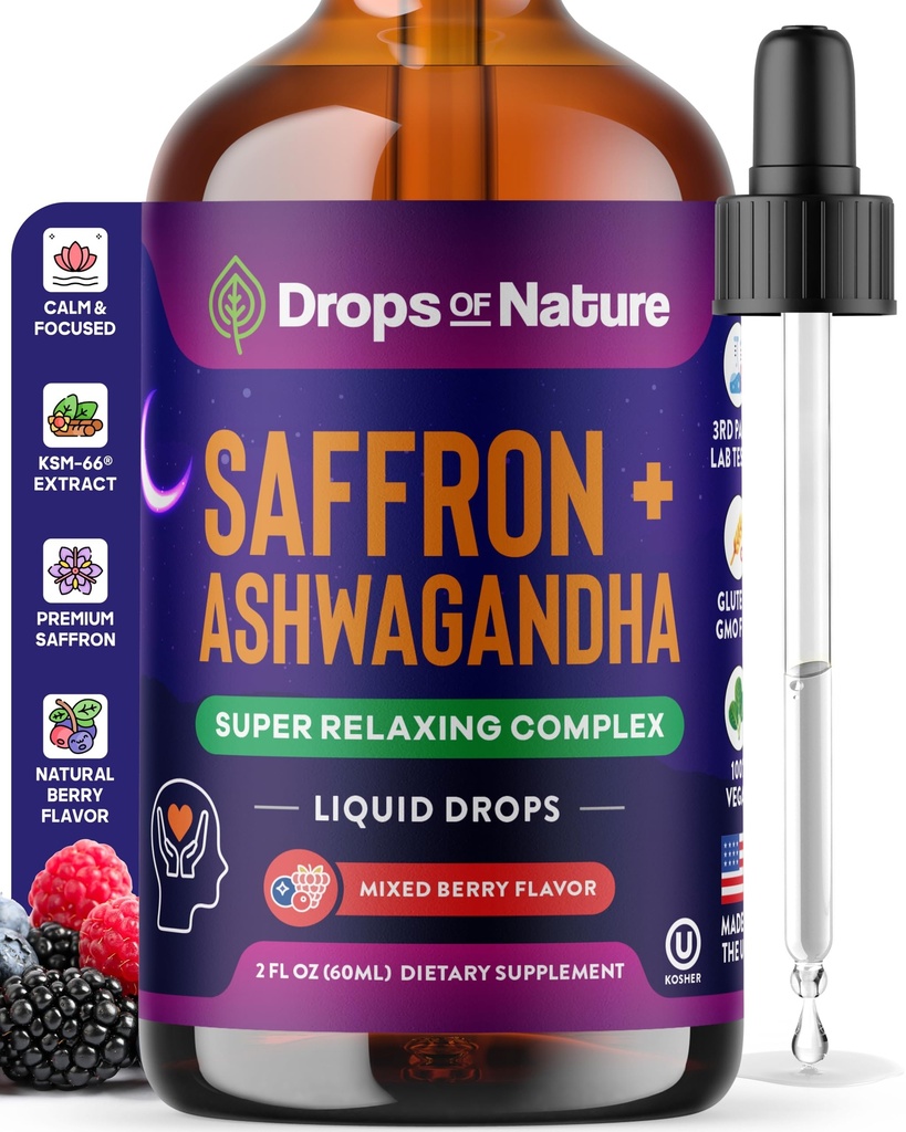Ashwagandha and Saffron Supplement – Contains KSM 66 and Saffron Extract – Vegan, Gluten-Free, GMO-Free – Daily Herbal Ashwagandha Supplement to Support Focus, Clarity & Relaxation (Mixed Berry, 60ml)
