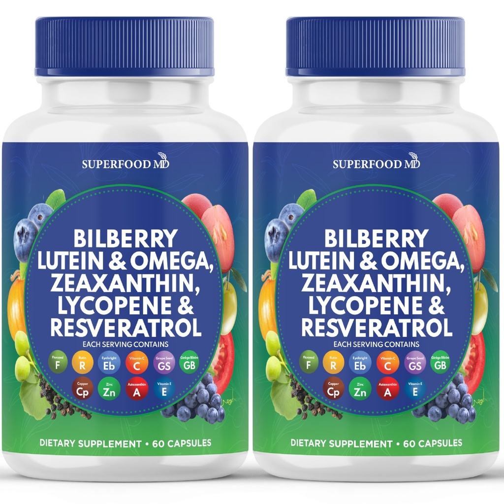 Superfood MD Eye Health Vitamins with Bilberry Lutein & Zeaxanthin Lycopene 40mg Resveratrol Grape Seed Extract Astaxanthin- AREDS 2 - Eye Vitamin - 120 Capsules
