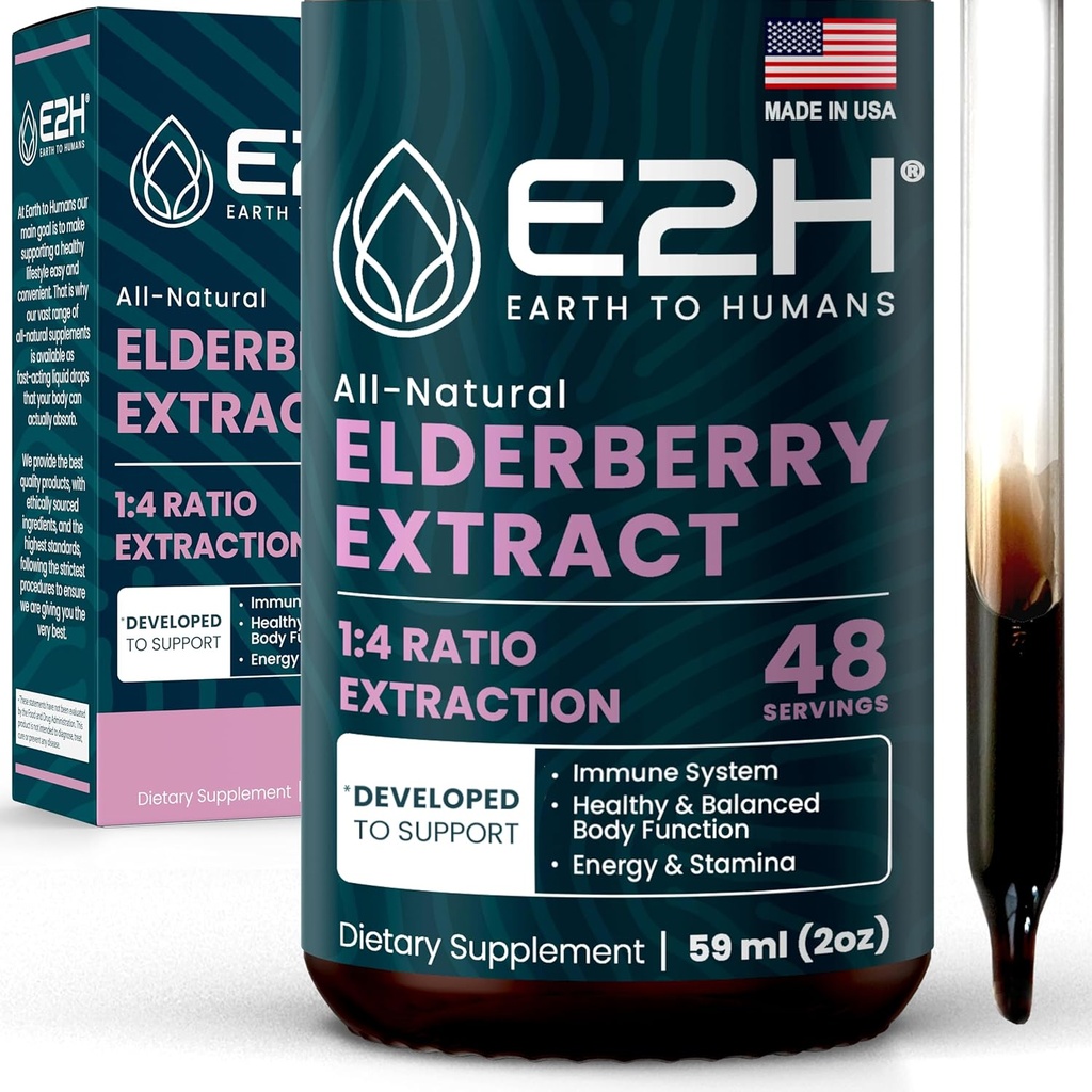 E2H Elderberry Syrup - Powerfull Antioxidants Supplement from Organic Elderberries Extract - Sambucus Elderberry Syrup for Kids & Adults for Immune Support - Non-GMO, Vegan - 2 Fl Oz