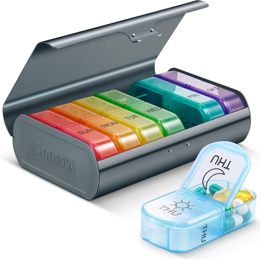 Zannaki Metal XL Organizador semanal de píldoras 2 veces al día, gran caja de píldoras diarias de viaje 7 días, semana portátil contenedor de carga, AM PM caja de píldoras para la medicina Suplemento de medicamentos, gris