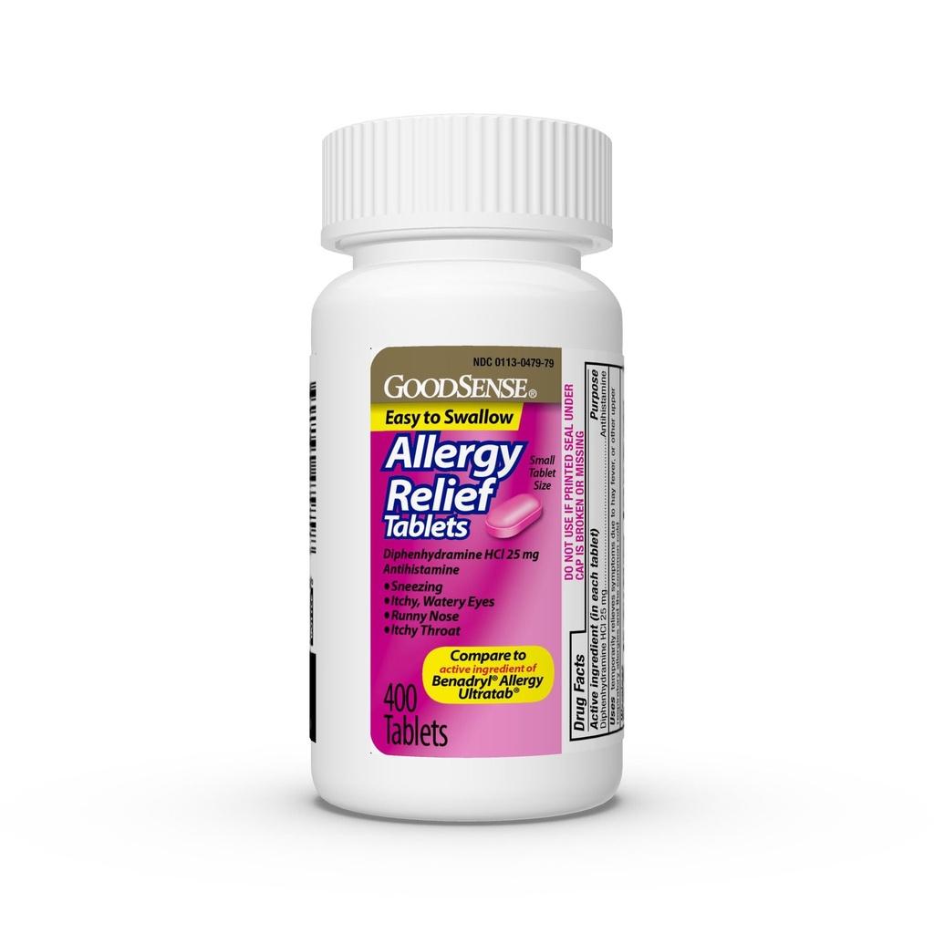 GoodSense Allergy Relief Diphenhydramine HCl 25 mg, Antihistamine Tablets for Symptoms Due to Hay Fever and Upper Respiratory Allergies, 400 Count White