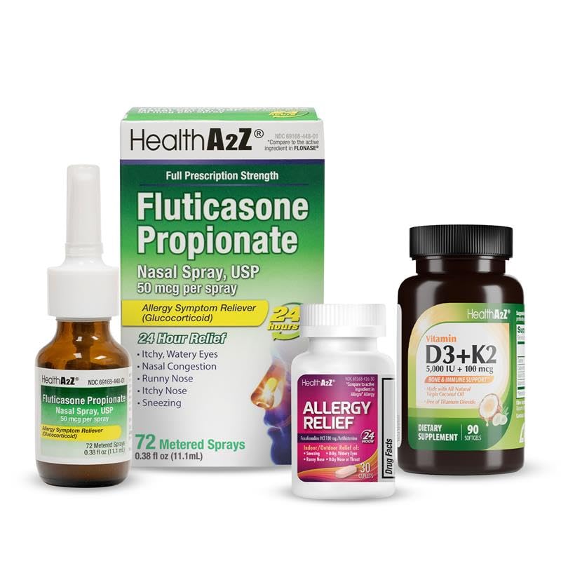 HealthA2Z Allergy Defense + Immunity Bundle | Fluticasone Propionate Nasal Spray 72 Sprays | Allergy Relief Fexofenadine HCl 90 Caplets | Vitamin D3 (5,000 IU) + K2 90 Softgels