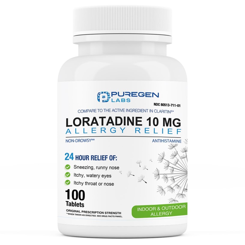Puregen Labs Allergy Relief, Loratadine 10mg, 100 Tablets – 24 Hour Non-Drowsy Antihistamine Allergy Medicine for Runny Nose, Sneezing, Itchy, Watery Eyes