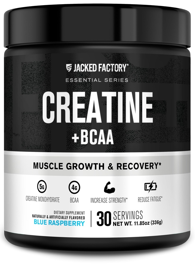 Creatina de fábrica de Jacked + BCAAs - Monohidrato de crema + BCAA Polvo para mejorar la recuperación posterior al entrenamiento, rendimiento, crecimiento del músculo magro, & Fatiga reducida - 30 Servimientos, Fresa Azul