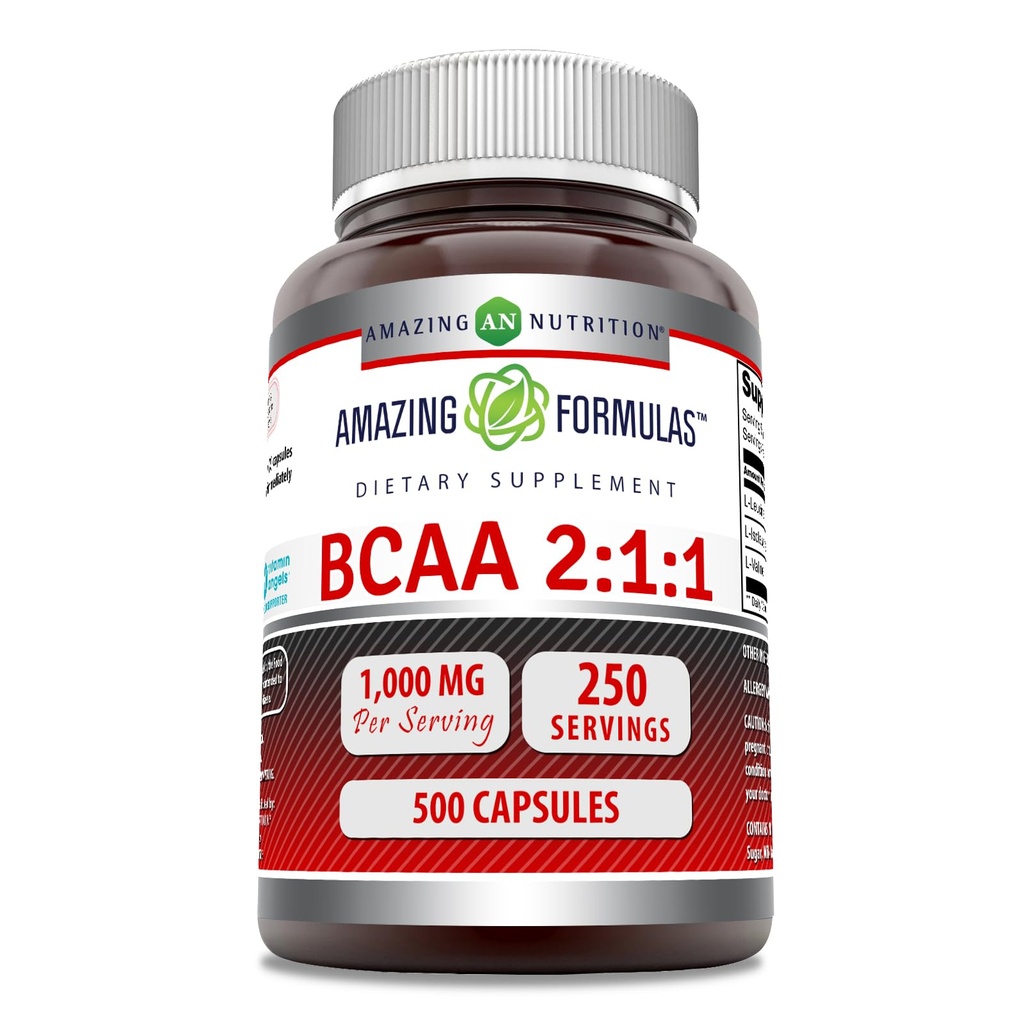 Amazing Formulas BCAA 2:1:1 1000 Mg Per Serving | Capsules | Branched Chain Amino Acids Supplement | Non-GMO | Gluten-Free | Made in USA (1 Pack, 500 Count)
