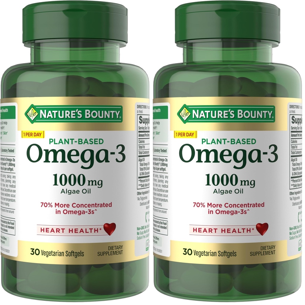 La recompensa de la naturaleza Omega 3, omega de base vegetal 3 suplemento de ácido graso, 520 mg, soporta la salud corporal entera incluyendo corazón, piel, articulación, 30 Softgeles vegetarianos, Alternativa de aceite de pescado (Pack de 2)