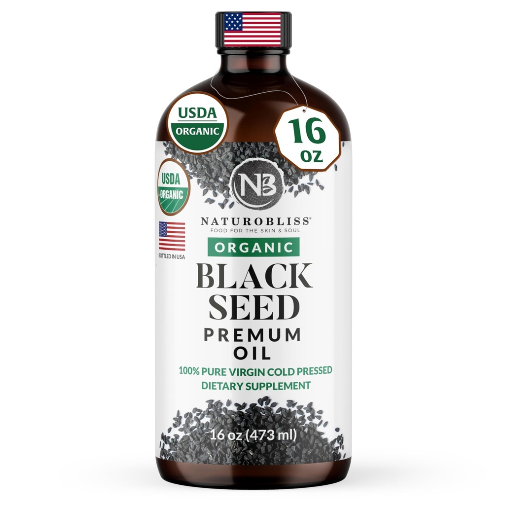 NaturoBliss Organic Black Seed Oil 100 Virgin Cold Presionado en Glass Bottle Omega 3 6 9 Super Antioxidante Immune Soporte Conjuntos Movilidad Digestión Cabello Skin Vegan Gluten-Free NonGMO USDA Certified 16oz