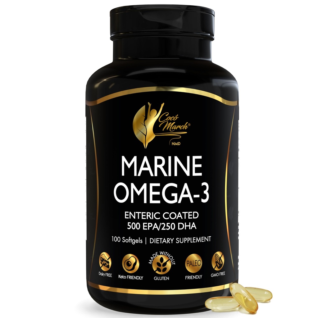 Cocó Marcha N.M.D Marine Omega-3 Fish Oil – High Potency Omega 3 Suplemento con 500 mg EPA &amp; 250 mg DHA – Enteric Coated, No Fishy Burps & Aftertaste – Omega-3 Fish Oil for Women &amp; Men, 3 meses de suministro