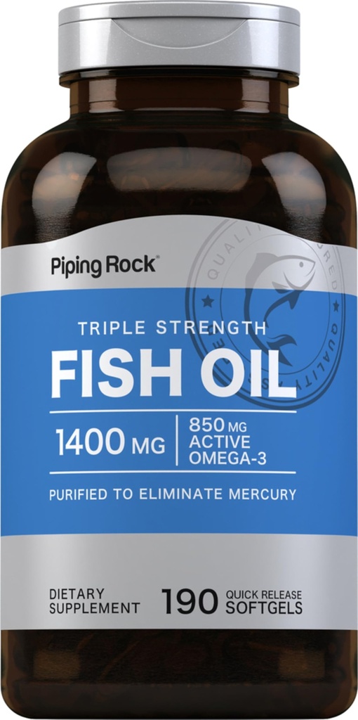 Piping Rock Fish Oil Omega 3 Supplement | 1400 mg | 190 Softgels | for Women and Men | Triple Strength | with EPA & DHA | Non-GMO & Gluten Free