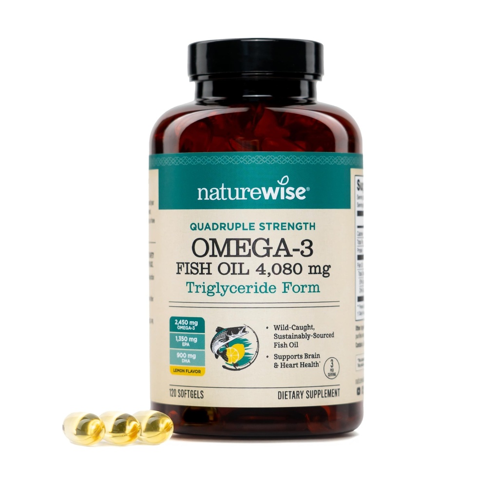 NatureWise Quadruple Strength Omega 3 Fish Oil 4080mg- Natural TG Form + Wild Caught - 2450mg Omega 3 + 1350mg EPA 900mg DHA - Burpless - Non-GMO & USA Manufactured - 120 Softgels[40 Day Supply]