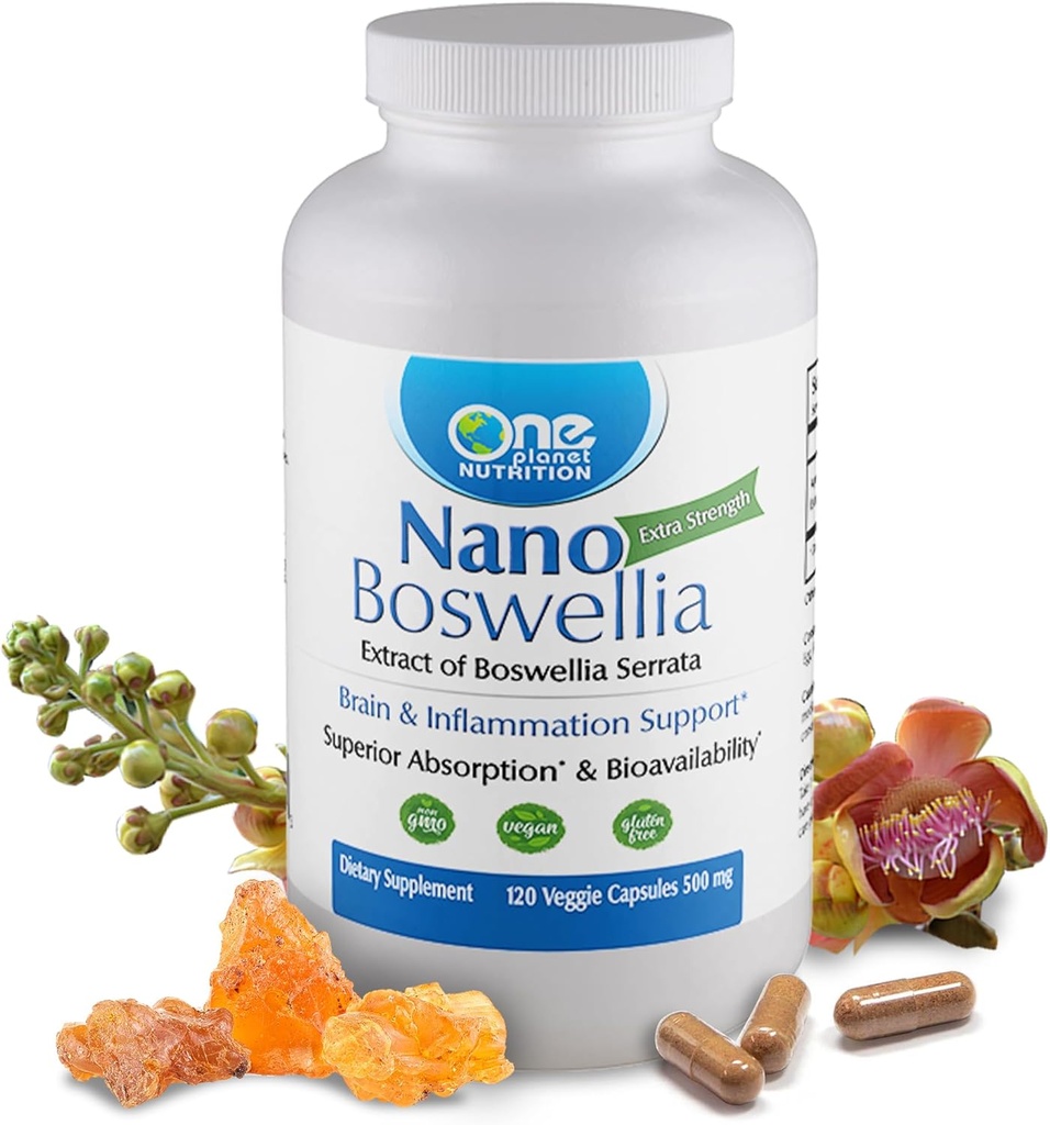 One Planet Nutrition Nano Boswellia 500 mg Veggie Capsules (120 Servings), Boswellia serrata Resin, apoya la función cognitiva para la salud cerebral, no GMO, Vegan, Gluten-Free