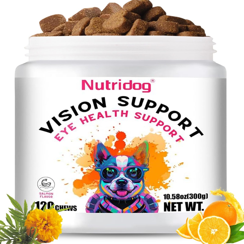 Eye Supplements for Dogs - Vision Support Soft Chews with Lutein, DHA & Vitamin C | 120ct Salmon Flavor Tear Stain Chews | Cataract & Dry Eye Relief Supplement (120 Ct, Salmon)