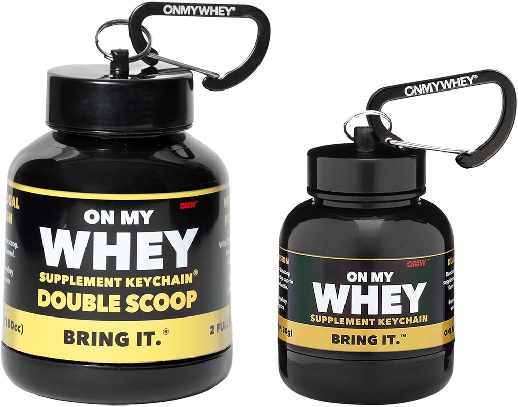 ONMYWHEY Protein Powder Container To Go - Travel Water Bottle Funnel Para Mezclas, Portable Pre Workout Suplemento Containers &amp; Dispenser Funnels, Mini Preworkout Suplementos Holder Keychain Bottles