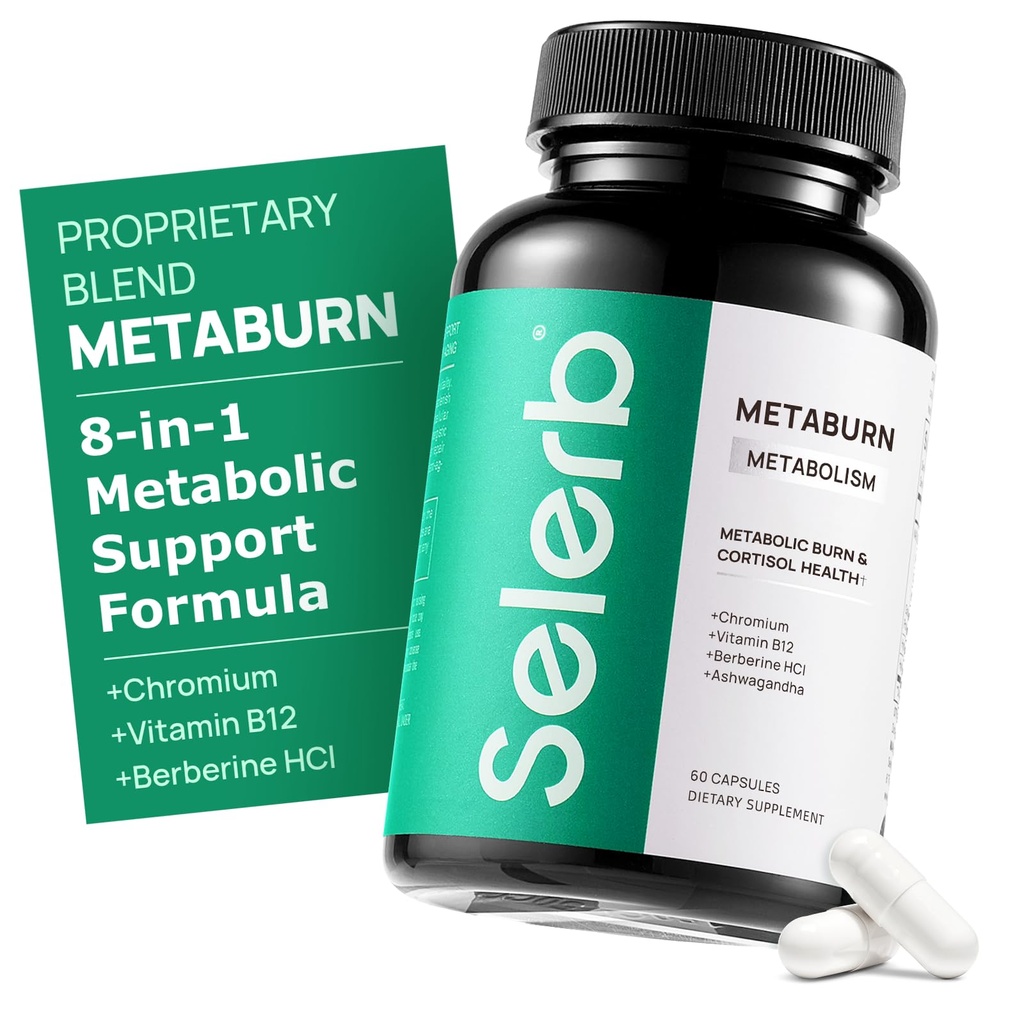 Píldoras de pérdida de peso de Selerb Metaburn para Hombres - Appetite Suppressant " Fat Burner, Metabolism Support Weight Loss Suplemento con Berberine, Chromium, Green Tea " B12-60 Capsules