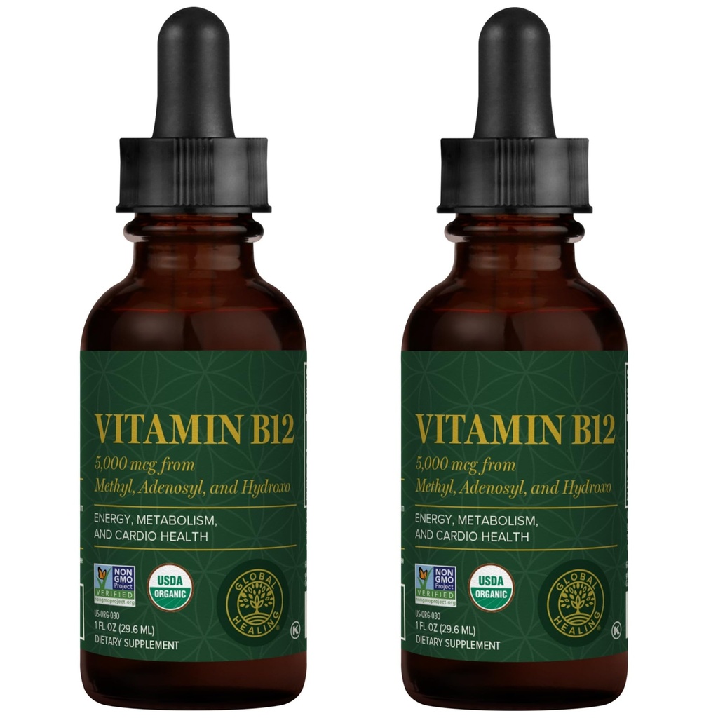 Global Healing Center - Vitamina B12 5000 mcg, Organic Sublingual Liquid Drops TENIDO 3-en-1 Metilcobalamina, Adenosylcobalamin, Hydroxo Blend, 1 Fl Oz (2-Pack)
