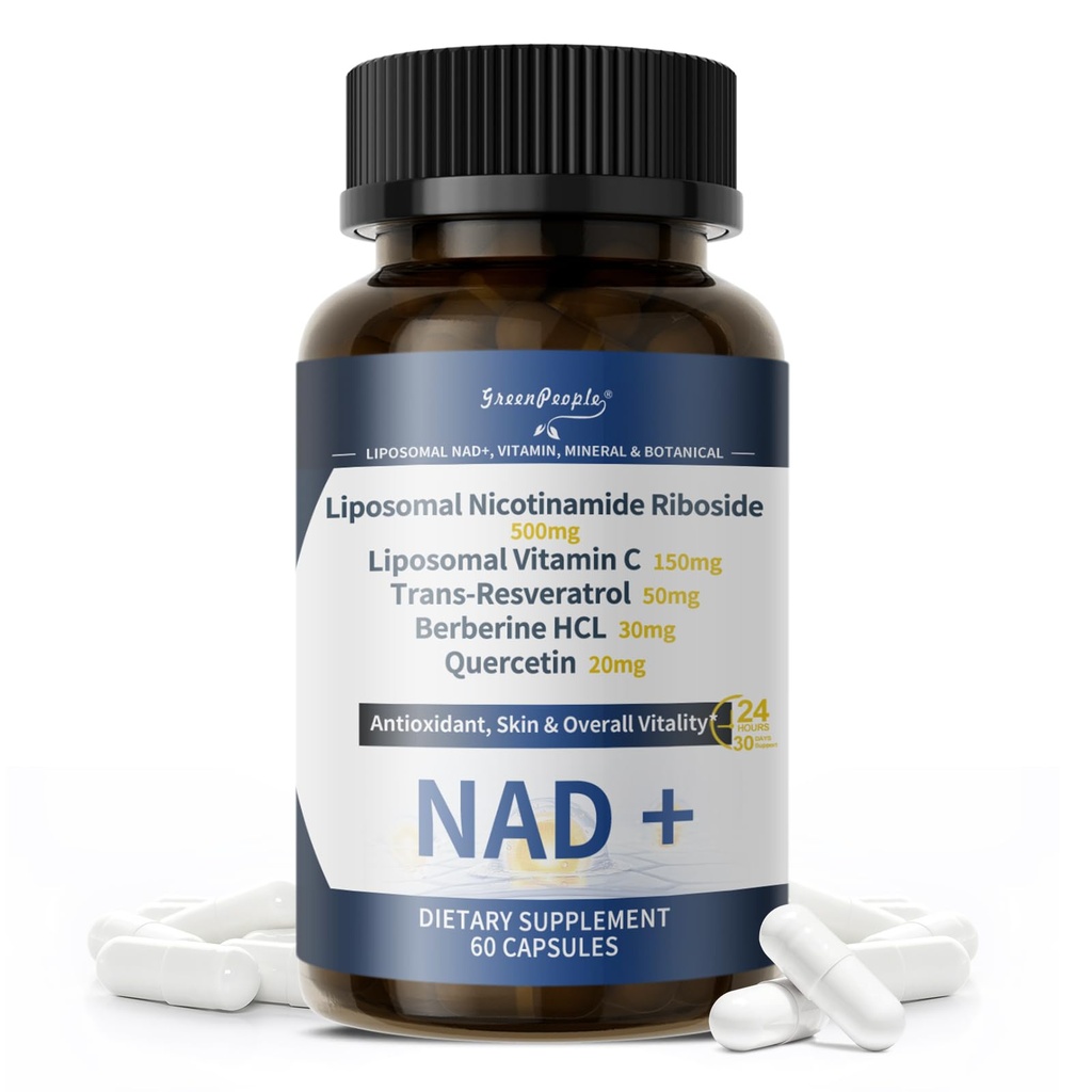 GREENPEOPLE Liposomal NAD Supplement for Women - NAD+ Supplement Nicotinamide Riboside w/Resveratrol, Quercetin & Liposomal Vitamin C for Skin - 60 CT