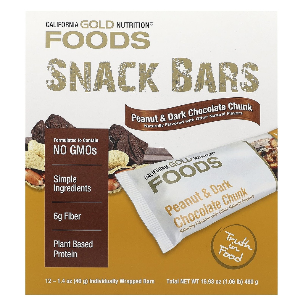 California Gold Nutrition Foods, Peanut " Dark Chocolate Chunk Bares con Almendras Secas Roasadas, Chicory Root Fiber, Pea Crisps y Honey, 12 Bares, 1.4 oz (40 g) Cada uno