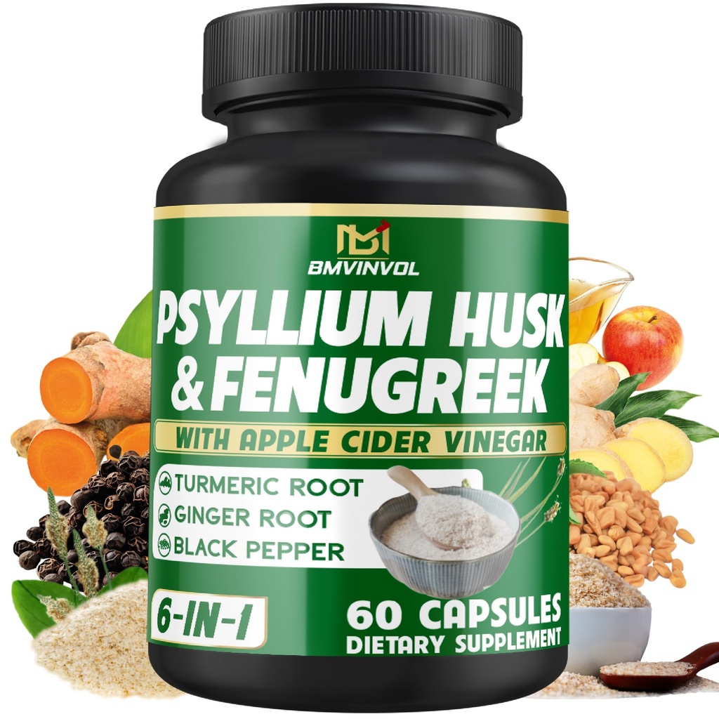 BMVINVOL Psyllium Husk Fiber Suplemento t con Fenugreek, Apple Sider Vinegar, Turmeric, Ginger, Black Pepper- Digestion Health Support - 60 Capsules