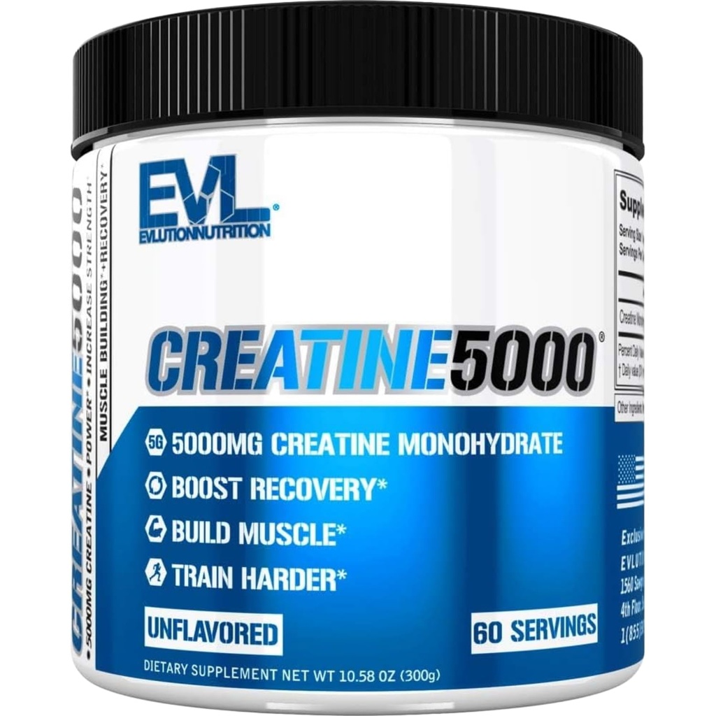 Evlution Nutrition Creatine 5000 - Supports Faster Recovery, Lean Muscle Growth & Performance - Pre &amp; Post Workout Powder - 5000mg Pure Creatine Monohydrate Por Serving - 60 Servings - Unflavored