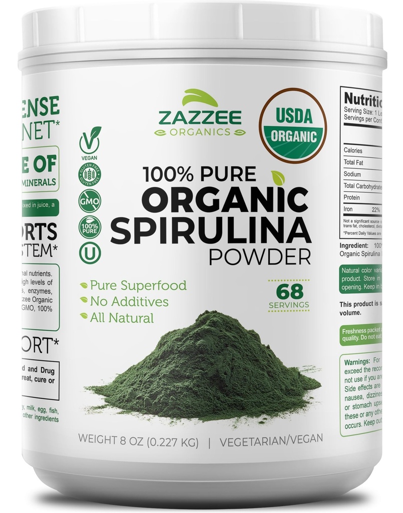 Zazzee USDA Organic Spirulina Powder, 8 onzas, 68 Servings, Certified Kosher, 100% Puro, No-Irradiated, Mess-Free Wide Mouth Container, Fresh Smell y Neutral Taste, Non-GMO, Made in the USA
