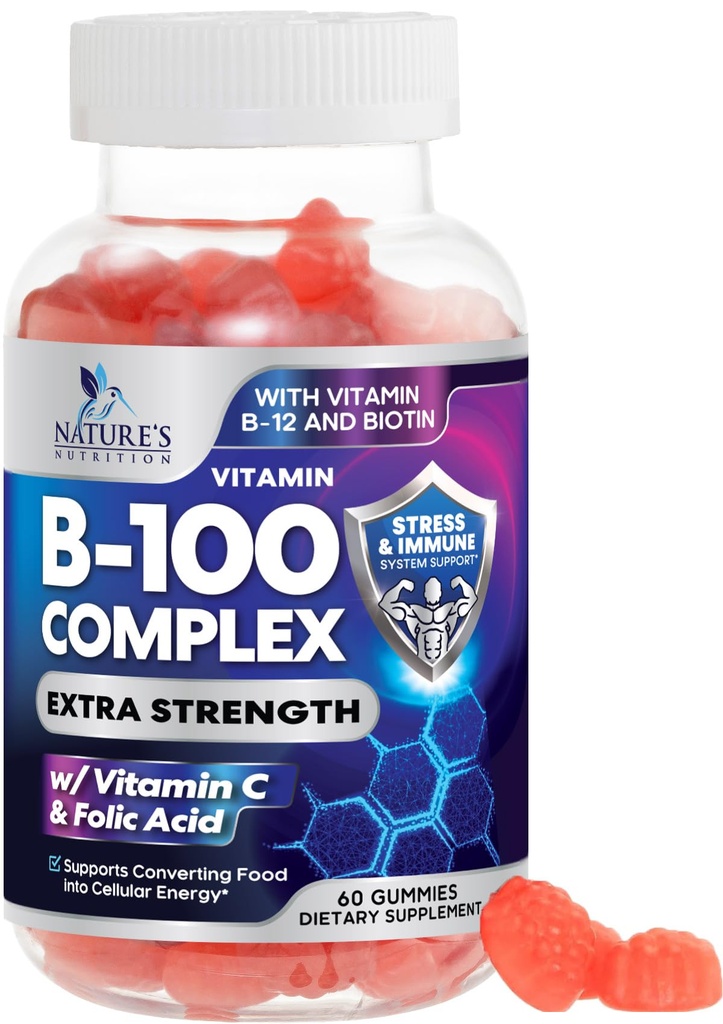 B Suplemento Complejo Gummies con ácido fólico vitamina C &amp; ácido fólico, super vitamina B de fuerza extra con niacina, B6, ácido fólico, B12, Biotina, Suplementos de apoyo energético de la naturaleza - 60 Gummies