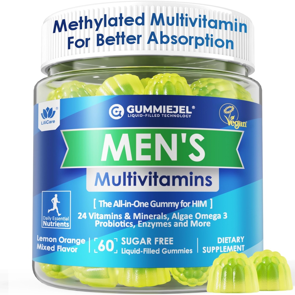 Mens Multivitamins Gummies, Methylated Multivitamin for Men, B Complex, Minerals, Vegan Omega 3, Probiotic, Enzyme, Antioxidants for Men's Complete Daily Support, Sugar Free, Vegan (No Iron) 60 Counts