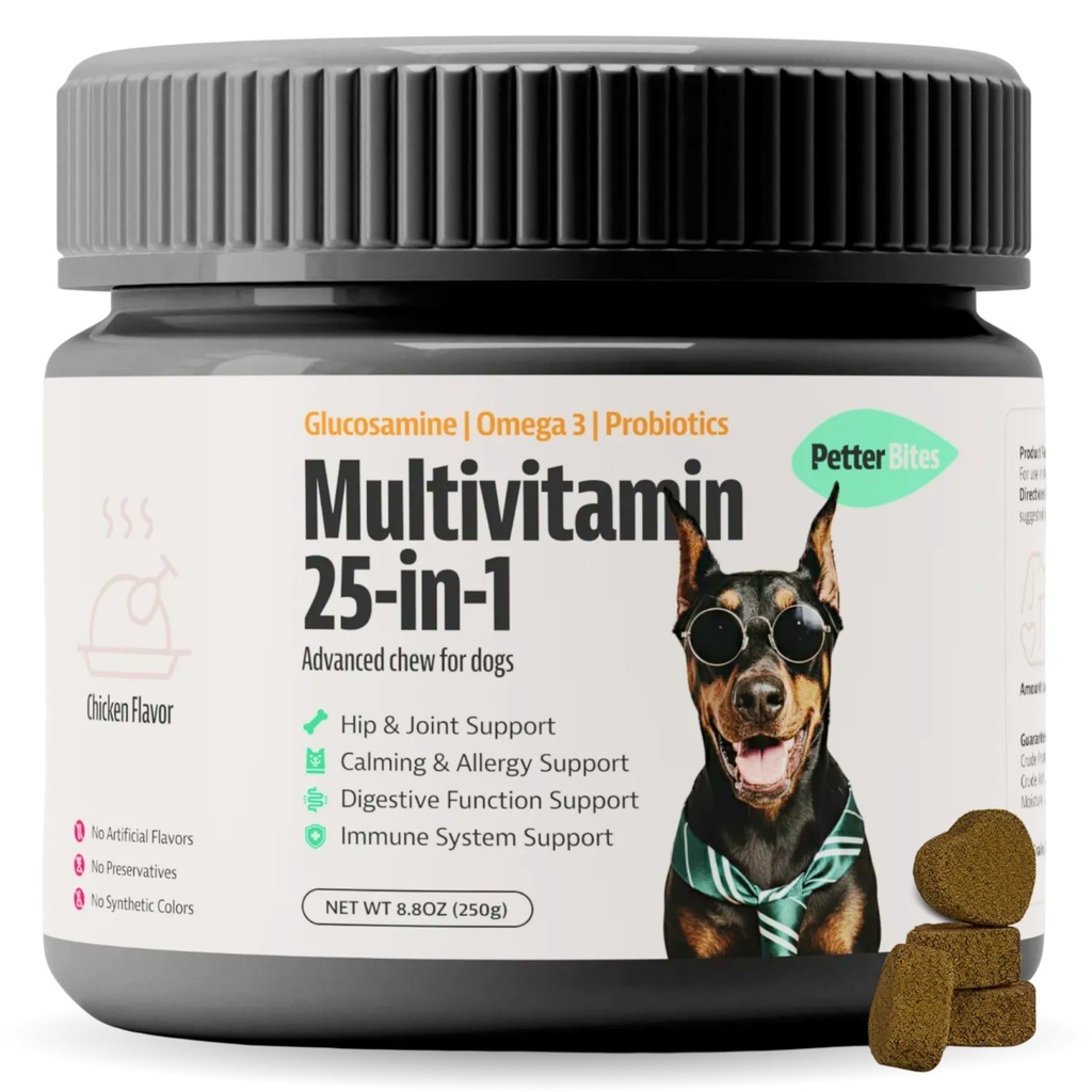 25-in-1 Dog Multivitamin with Omega 3, Glucosamine, Probiotics - Dog Vitamins and Supplements for Hip & Joint, Calming, Allergy Relief, Digestive & Immune Support - 100 Soft Chews, 250g
