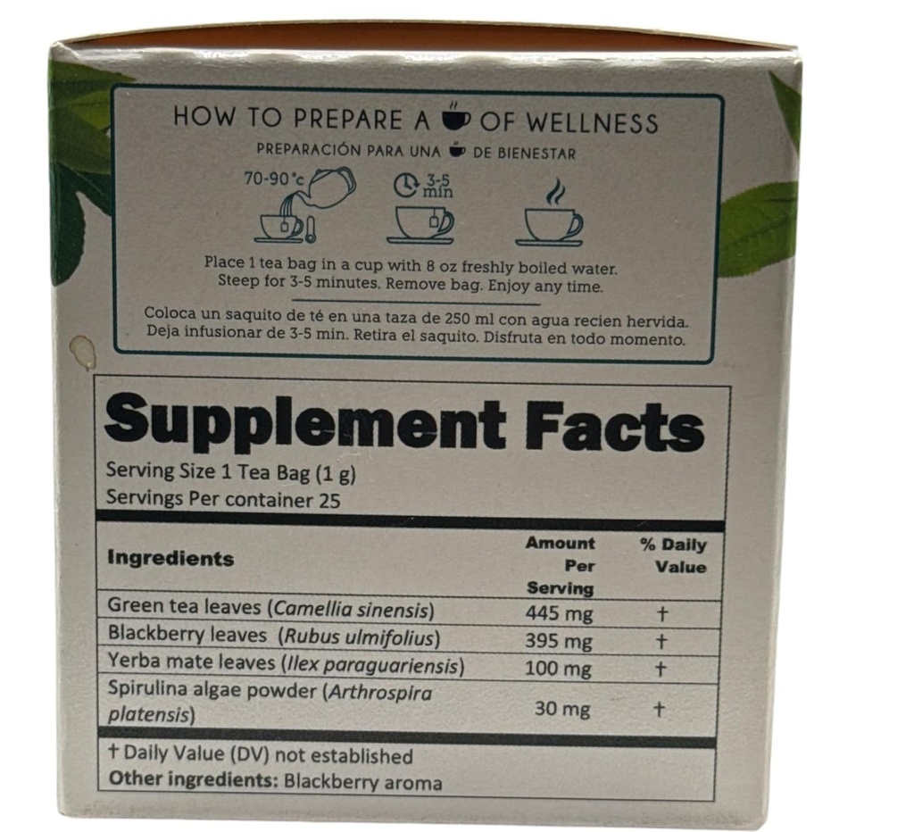 Green Tea with Blackberry, Yerba Mate, and Spirulina Algae - 25 Tea Bags - Keto Formula