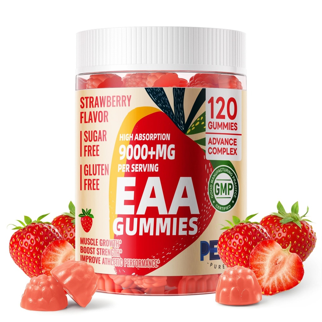 Pets Purest EAA Gummies 120 Gummies (Strawberry), Essential Amino Acids - All 9 Essential Aminos (EAA) and All Branched-Chain Aminos (BCAAs), Non-GMO, Gluten Free, Vegetarian Friendly