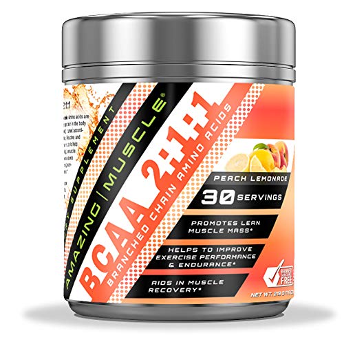 Amazing Muscle BCAA 2:1:1 Branched Chain Amino Acids Supplement | 6000 Mg Per Serving | Peach Lemonade Flavor | 30 Servings