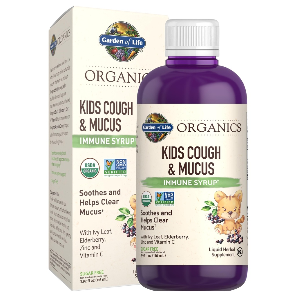 Jardín de la vida Orgánicas Elderberry &amp; Zinc para el soporte de inmunológico infantil, Tos infantil &amp; jarabe de mucosa con hoja de hielo, vitamina C y equinácea para niños, sin alcohol, sin azúcares adicionales, 3.92 fl oz
