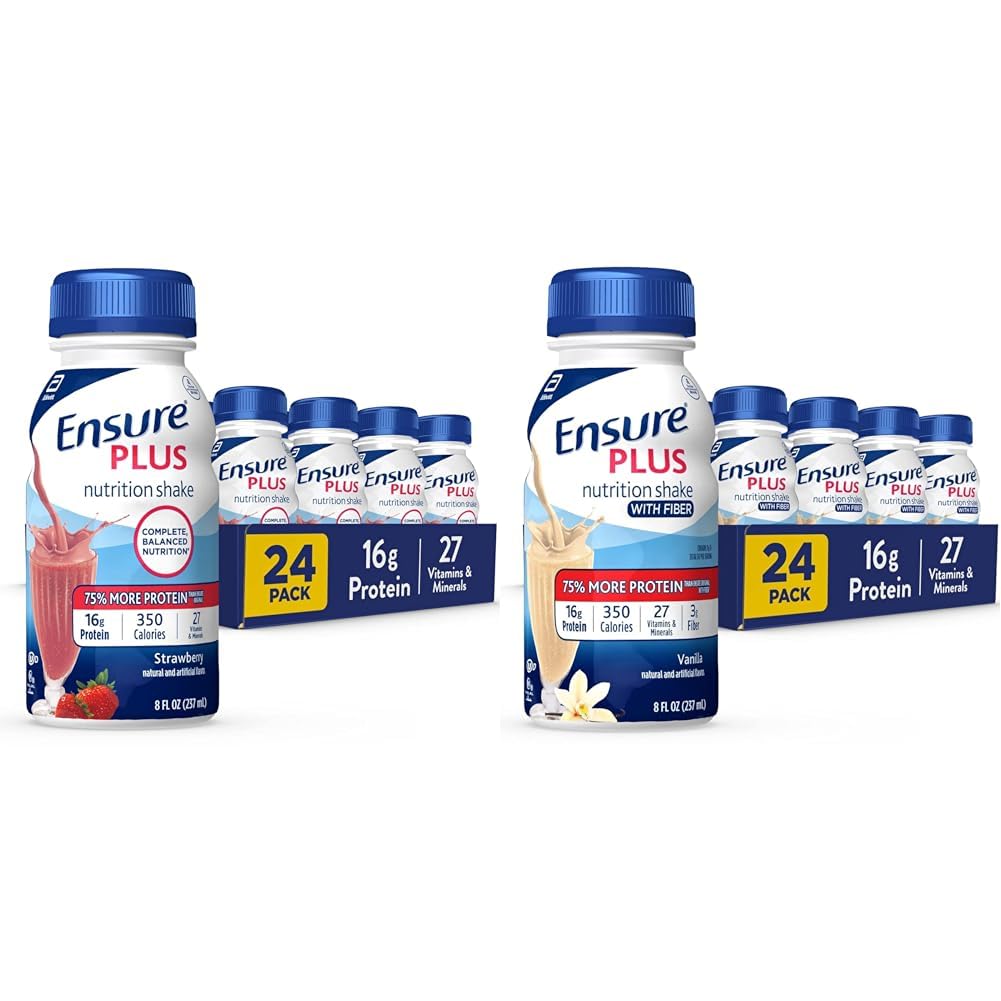 Agitación de nutrición con 16 gramos de Protein &amp; Ensure Plus Afeitado de nutrición líquido con fibra, 16 gramos de proteína, vainilla, 8 Fl Oz Bottle (Pack of 24)