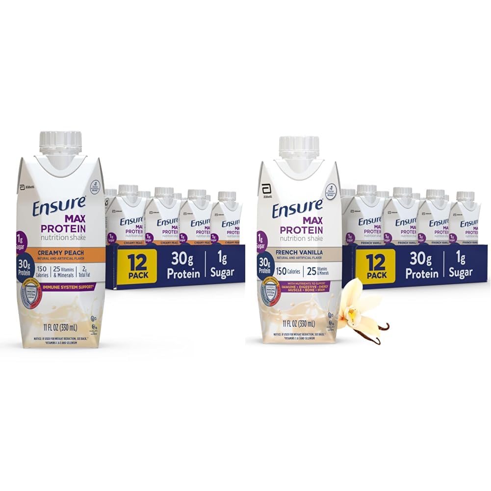 Garantizar Max Protein Nutrición Shake con 30g Proteína, 1g Azúcar, Alta Proteína Shake, Cremy Peach " Vainilla Francesa, Líquida, 11 fl oz (Pack of 12)