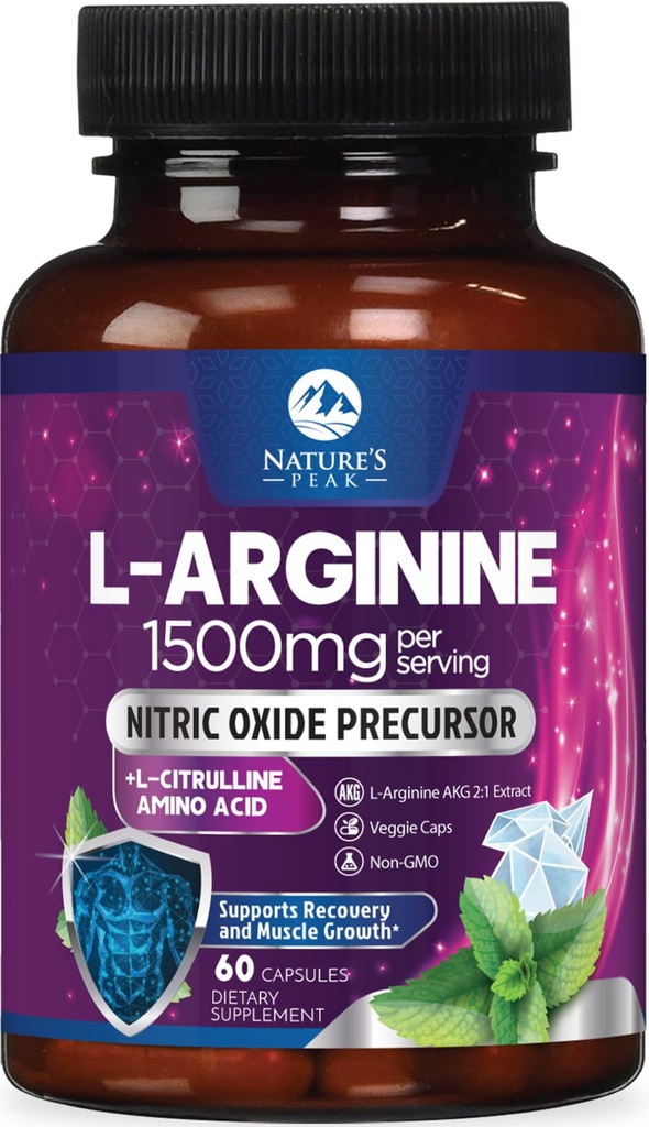 L-Arginine Complex - Extra Strength Nitric Oxide Booster Suplemento - Premium Energy Blend for Natural Heart Health &amp; Muscle Support - Non-GMO, Made for Men &amp; Women, Bottled USA - 60 cápsulas