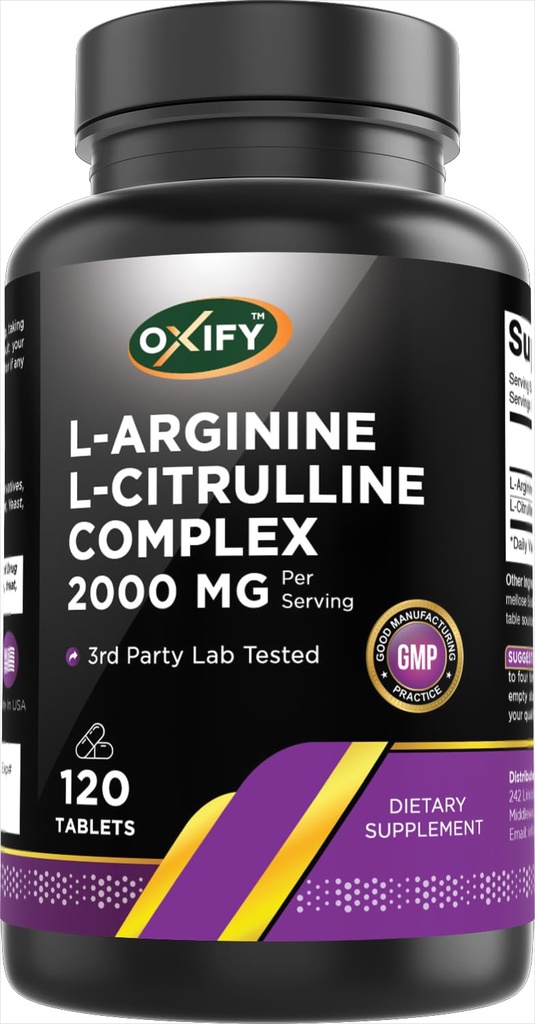Oxify L-Arginine L-Citrulline Complex 2000 mg Por Serving TEN 120 Tablets TEN Gluten-Free, Non-GMO Silencioso Suplemento Made in USA